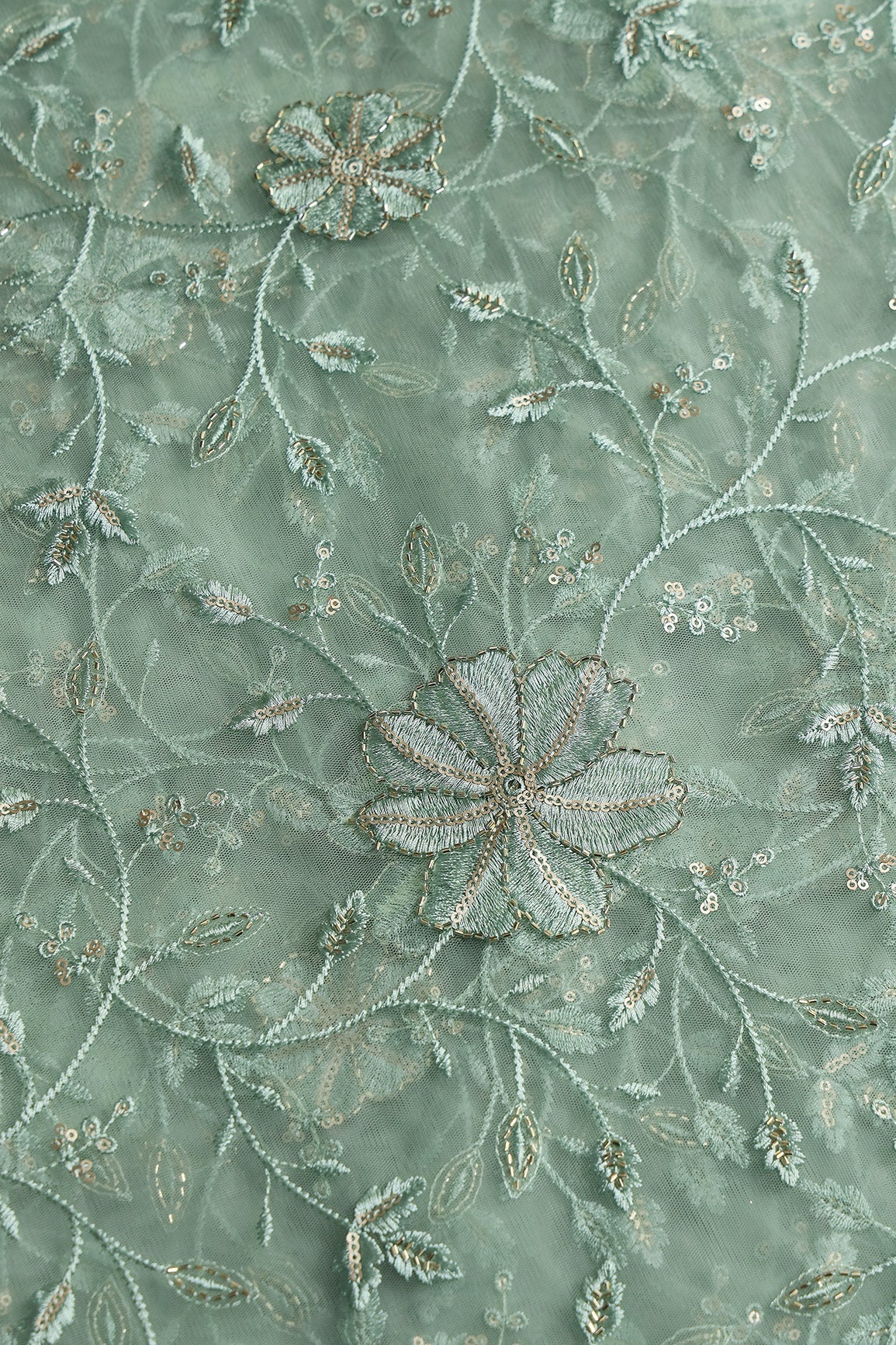 Olive Thread & Beads With Gold Sequins Floral Leafy Embroidery Work On Olive Soft Net Fabric - doeraa