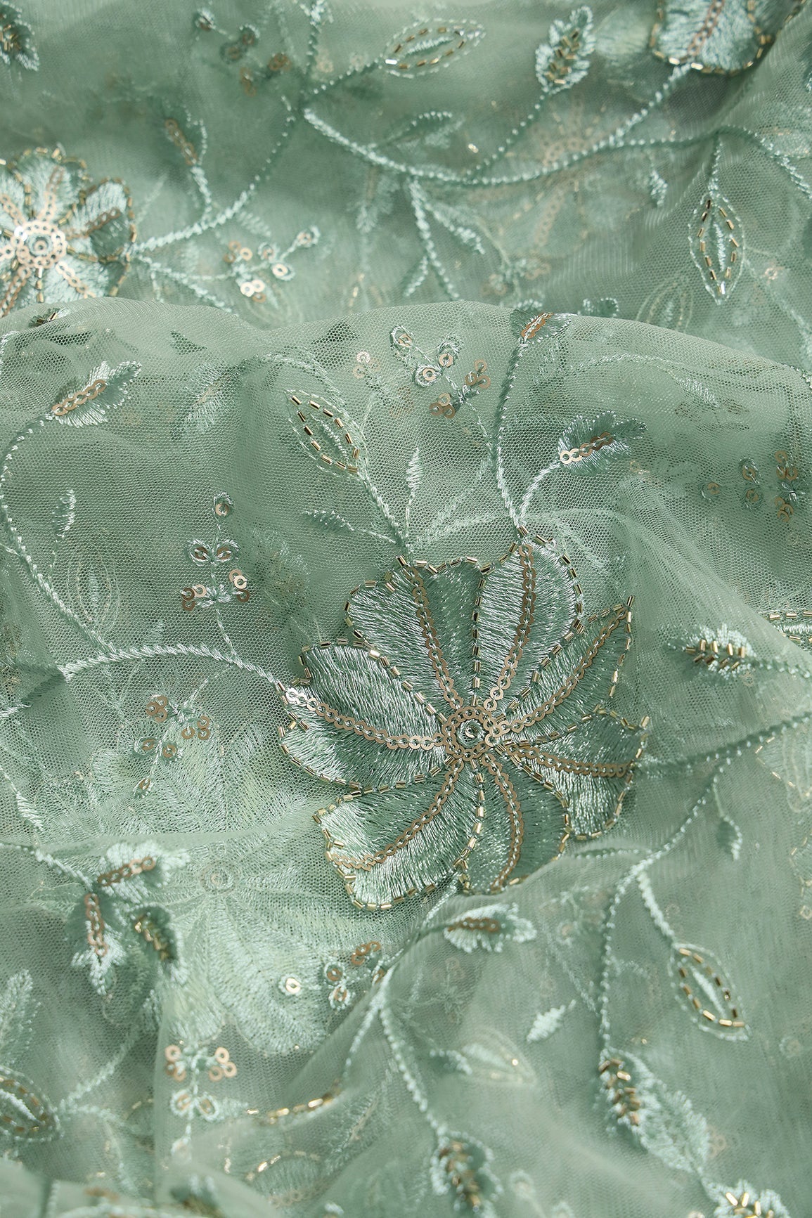 Olive Thread & Beads With Gold Sequins Floral Leafy Embroidery Work On Olive Soft Net Fabric - doeraa