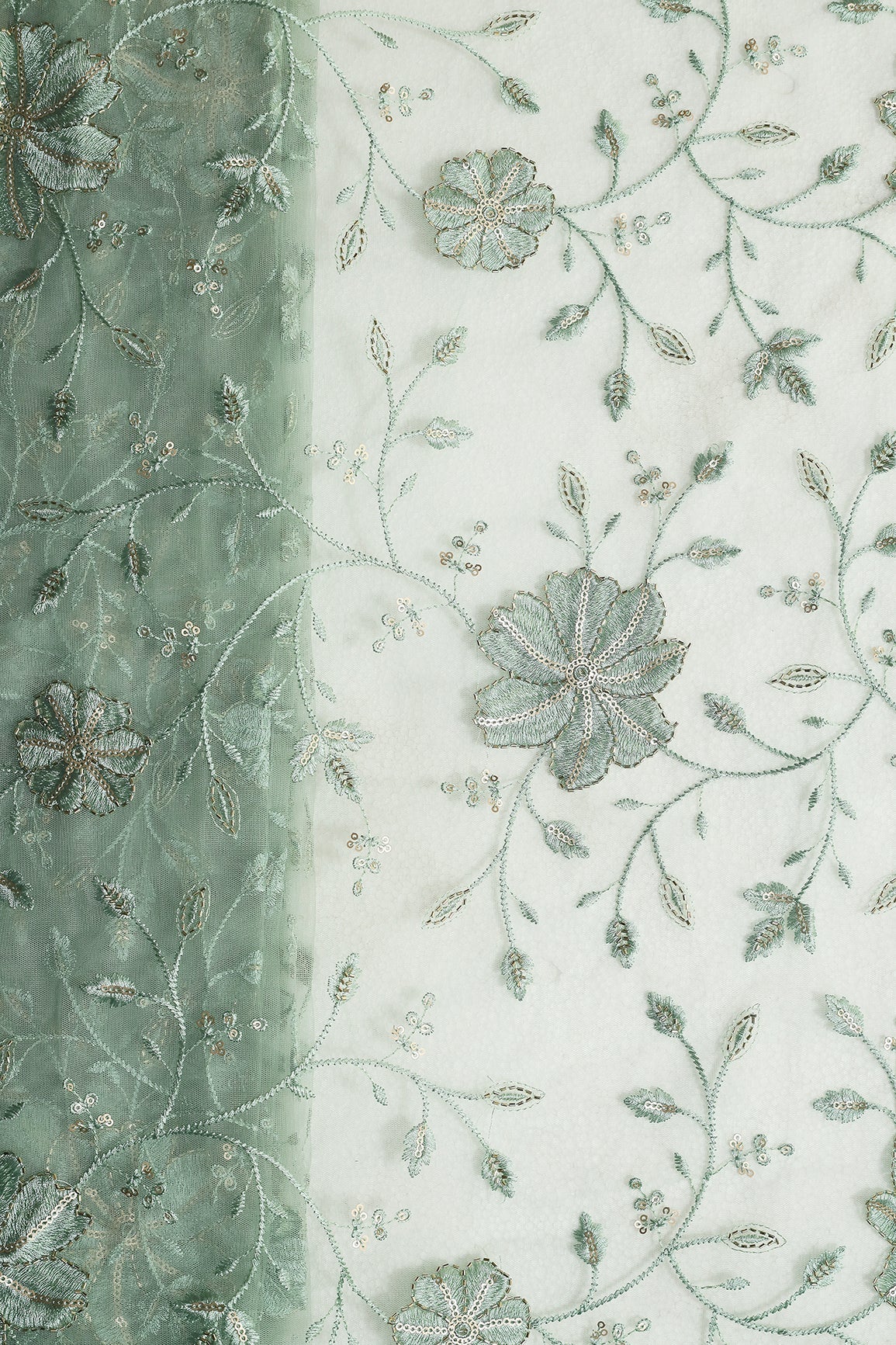Olive Thread & Beads With Gold Sequins Floral Leafy Embroidery Work On Olive Soft Net Fabric - doeraa