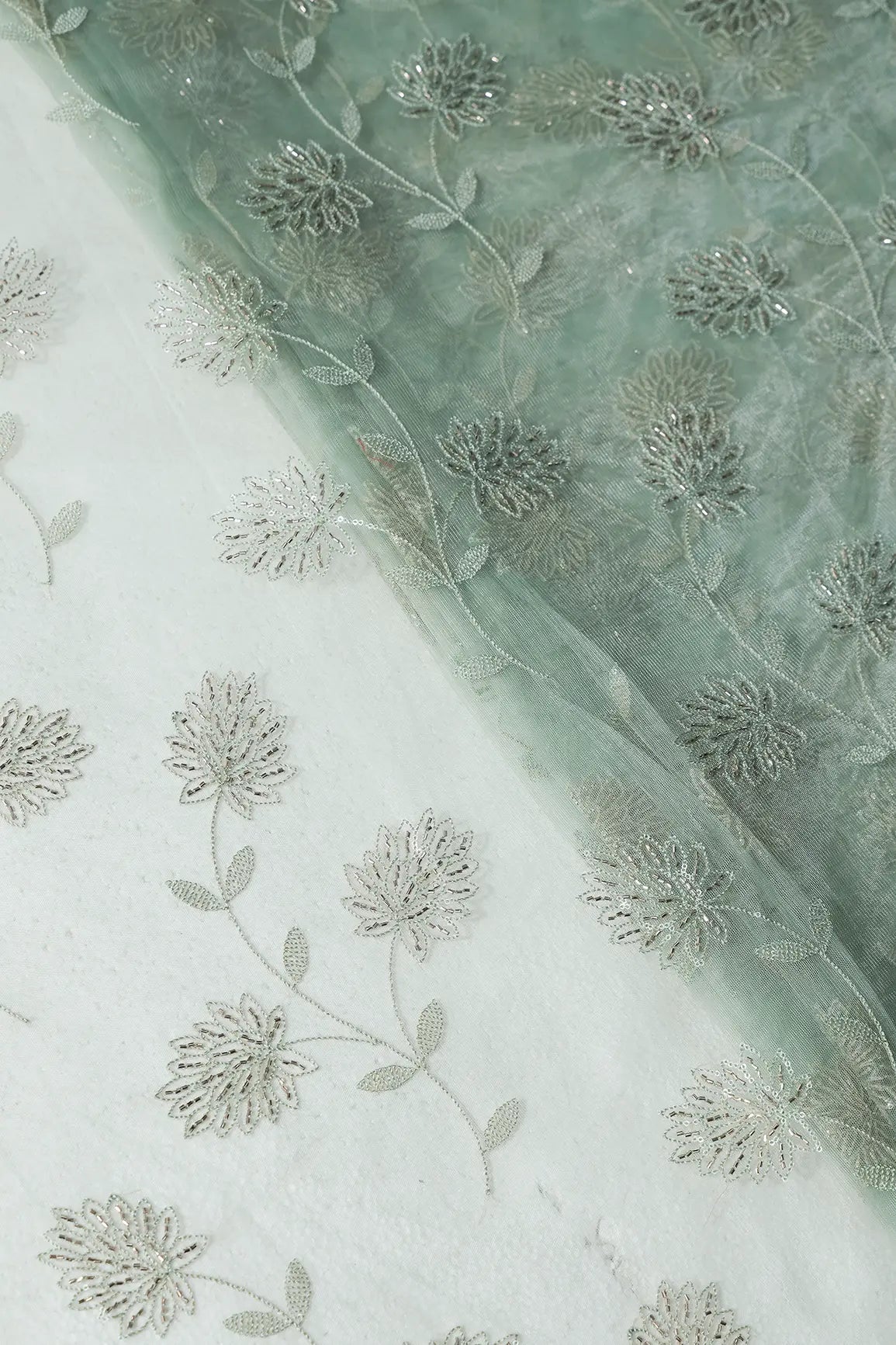 Olive Thread & Gold Beads With Water Sequins Floral Embroidery On Olive Soft Net Fabric - doeraa