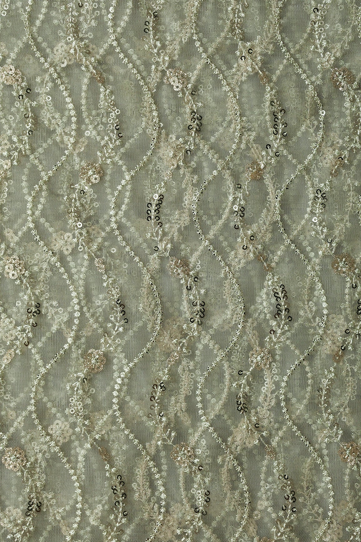 Olive Thread With Gold Sequins Wavy Embroidery On Olive Soft Net Fabric - doeraa