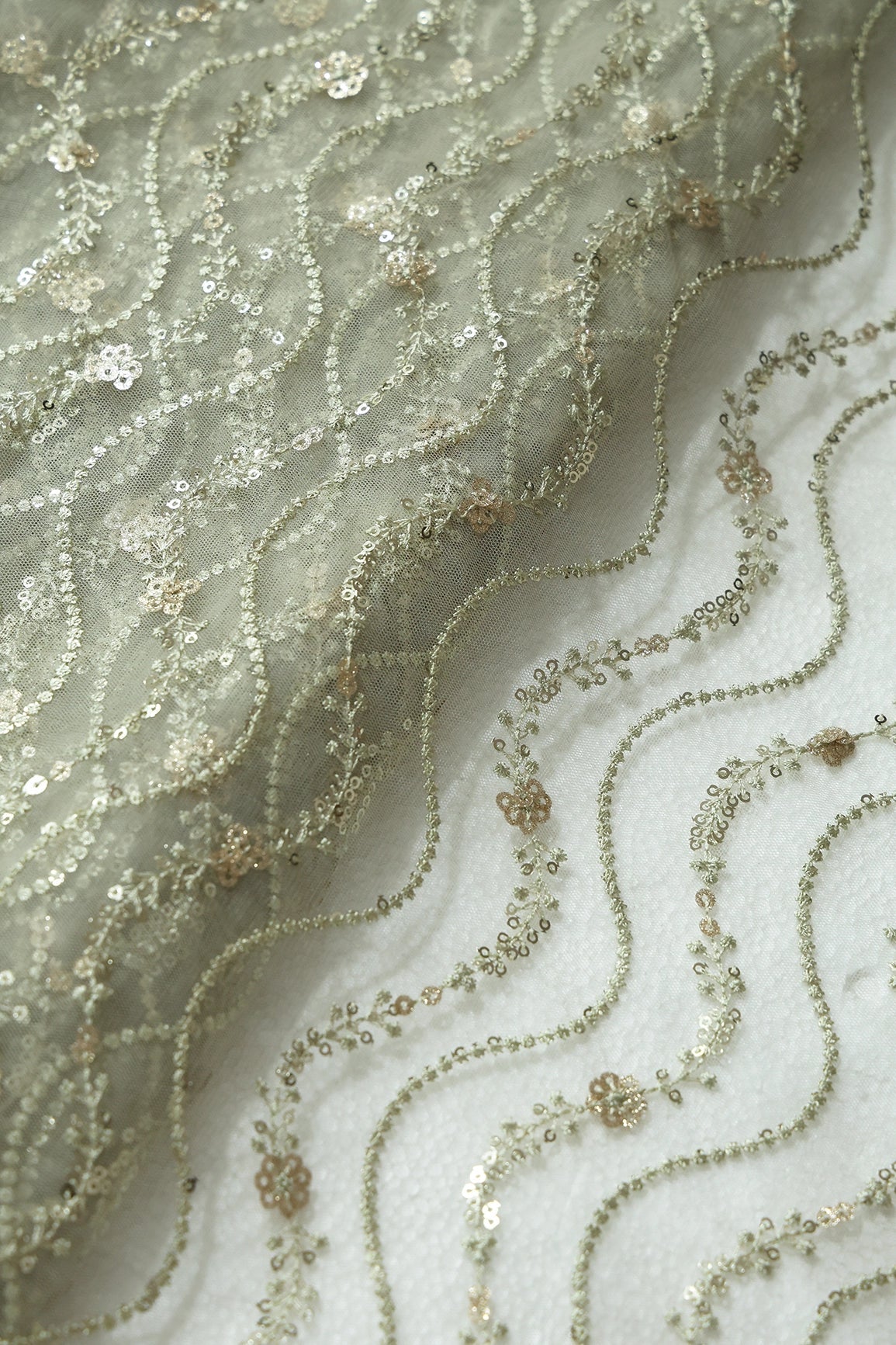 Olive Thread With Gold Sequins Wavy Embroidery On Olive Soft Net Fabric - doeraa