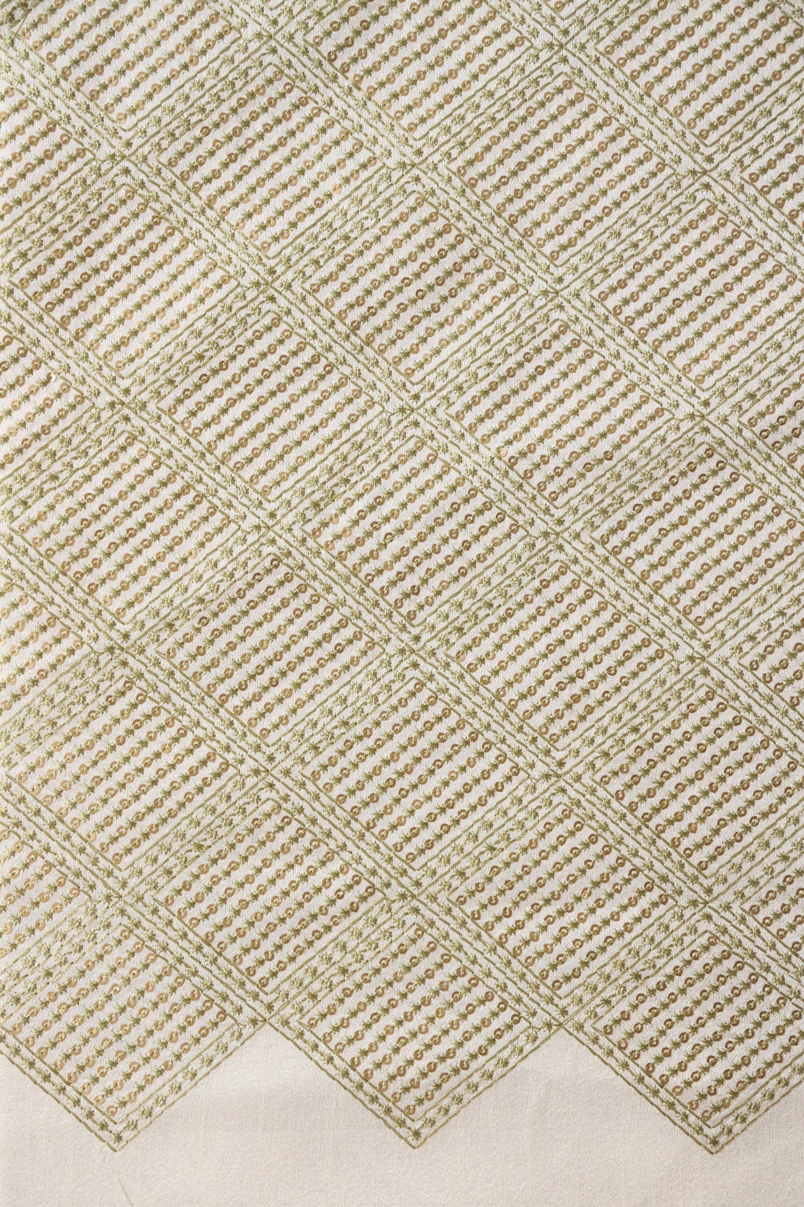 Olive Thread With Matte Sequins Checks Embroidery On Off White Raw Silk Fabric - doeraa