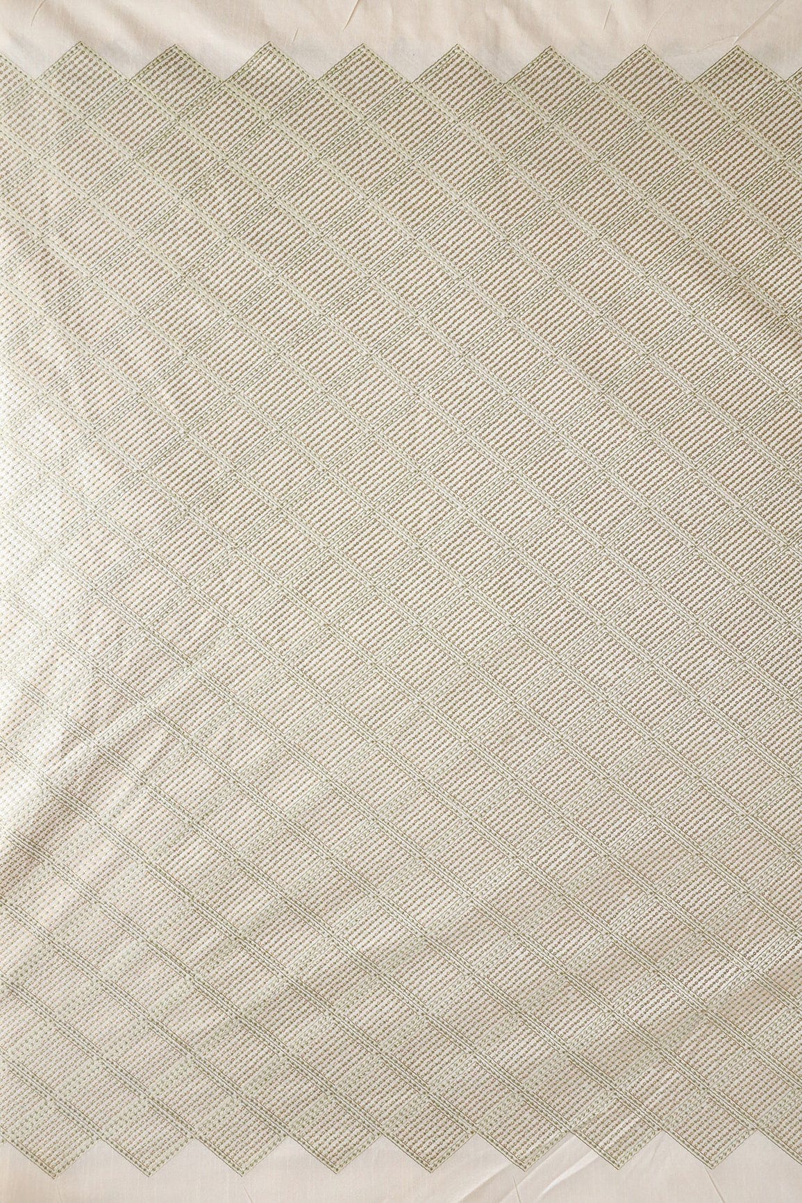 Olive Thread With Matte Sequins Checks Embroidery On Off White Raw Silk Fabric - doeraa