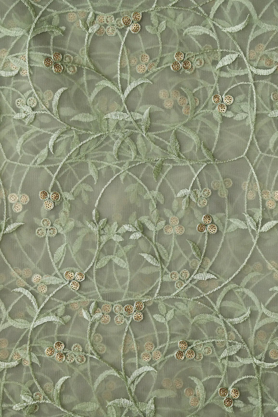 Olive Thread With Sequins Floral Leafy Embroidery Work On Light Olive Soft Net Fabric - doeraa