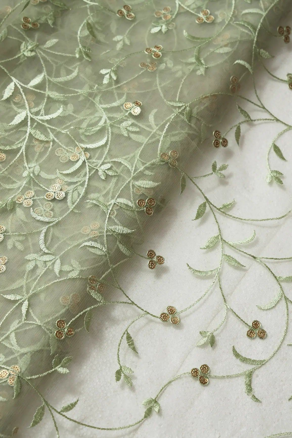 Olive Thread With Sequins Floral Leafy Embroidery Work On Light Olive Soft Net Fabric - doeraa