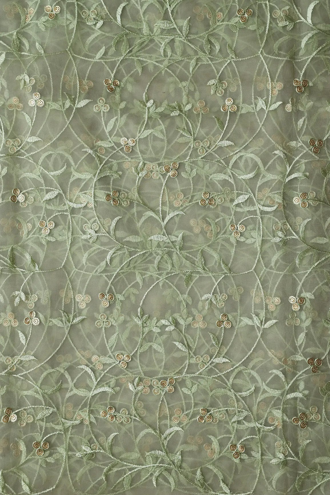 Olive Thread With Sequins Floral Leafy Embroidery Work On Light Olive Soft Net Fabric - doeraa