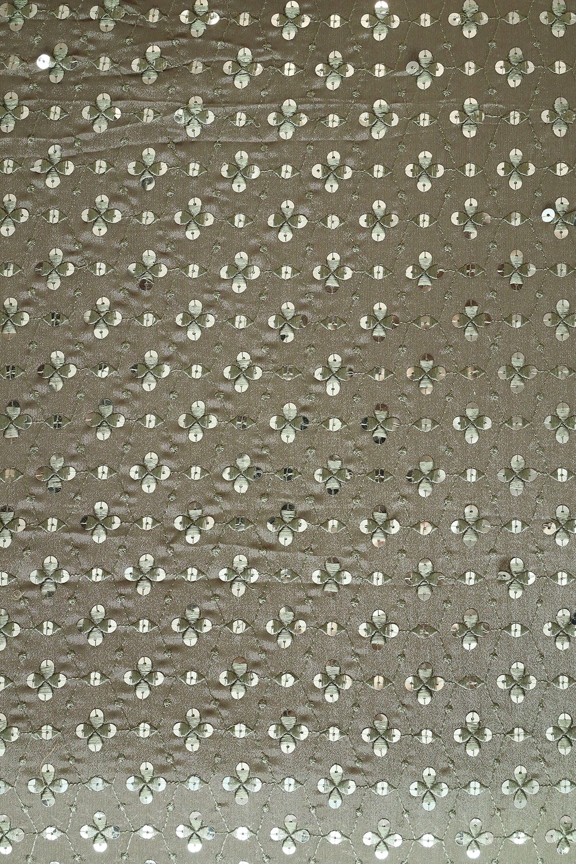 Olive Thread With Sequins Geometric Embroidery Work On Olive Chinnon Chiffon Fabric - doeraa