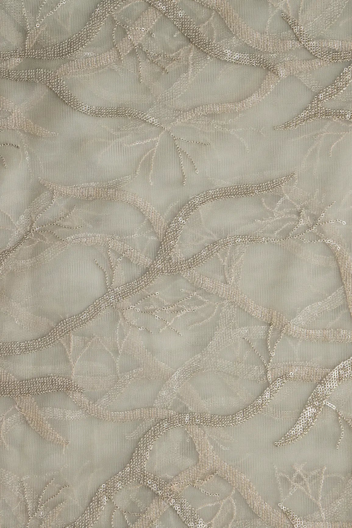 Olive Thread With Water Sequins Abstract Embroidery Work On Olive Soft Net Fabric - doeraa