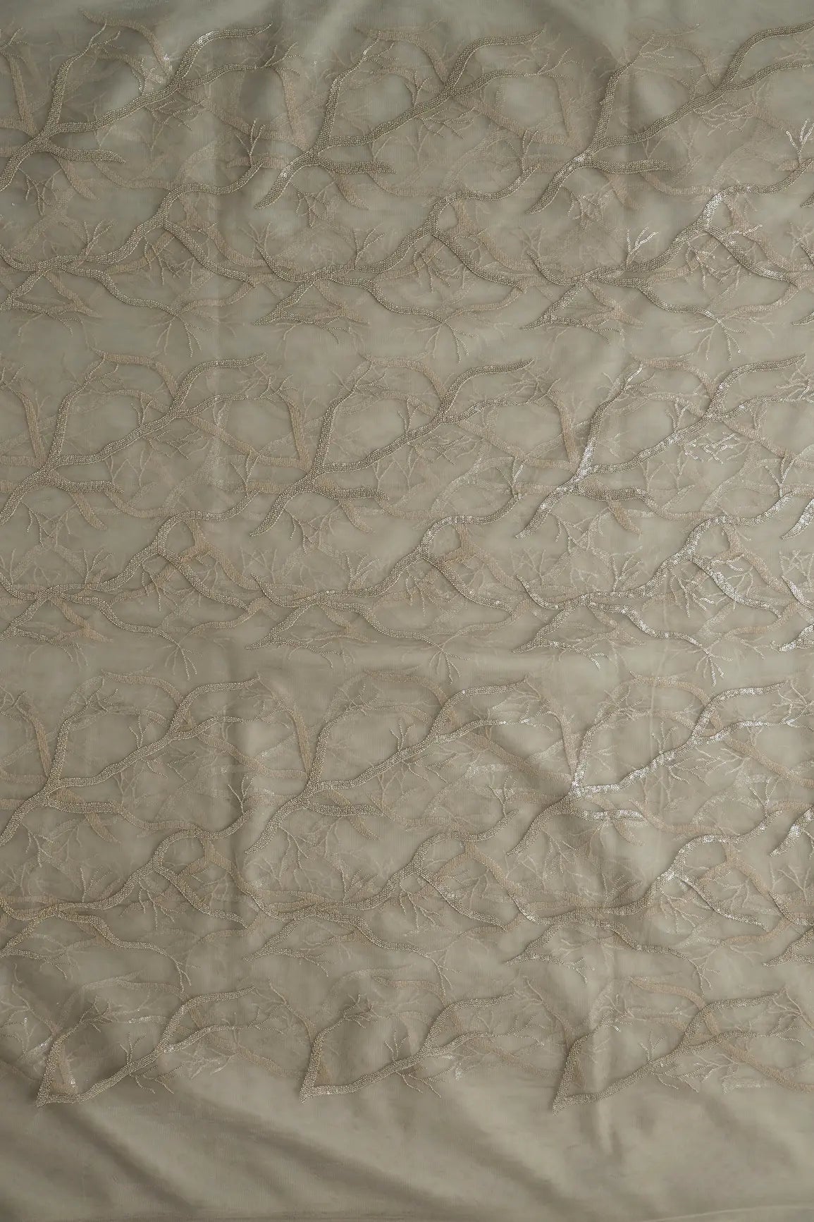 Olive Thread With Water Sequins Abstract Embroidery Work On Olive Soft Net Fabric - doeraa