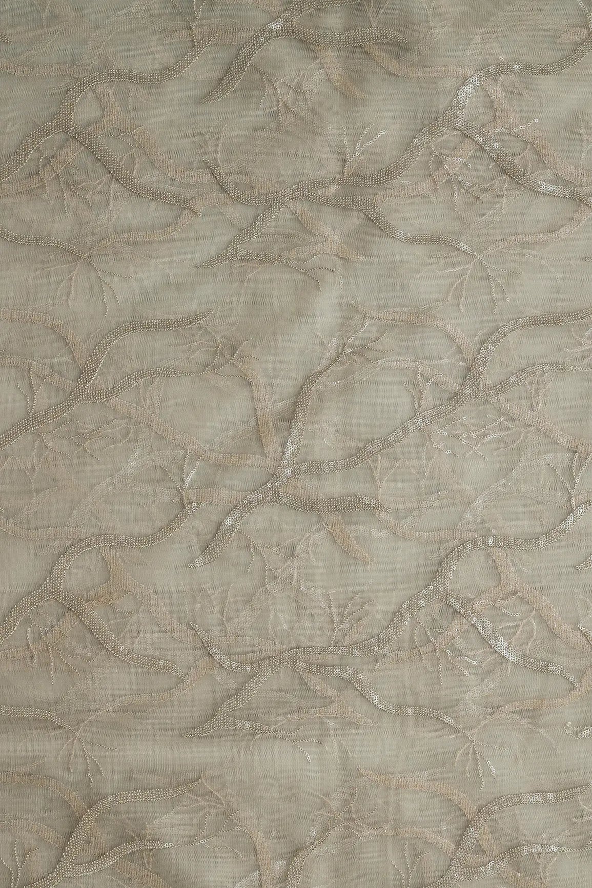 Olive Thread With Water Sequins Abstract Embroidery Work On Olive Soft Net Fabric - doeraa