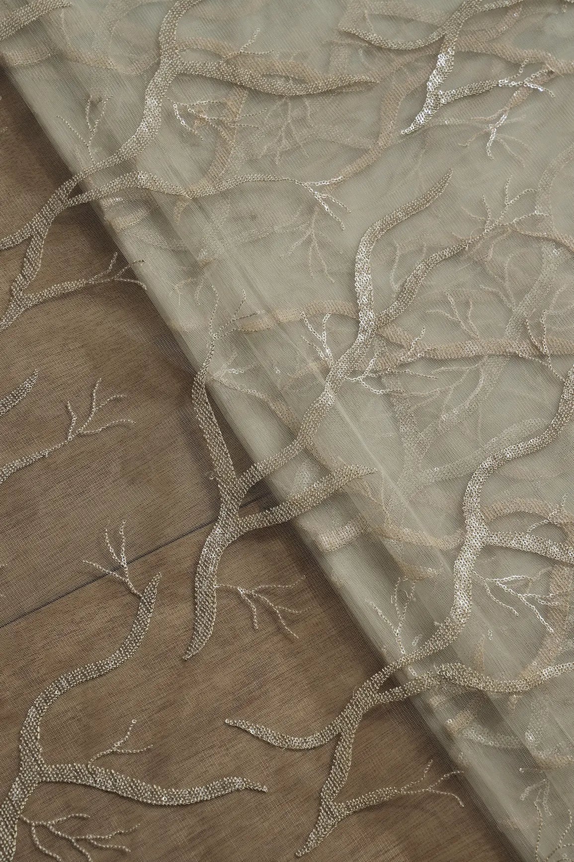 Olive Thread With Water Sequins Abstract Embroidery Work On Olive Soft Net Fabric - doeraa
