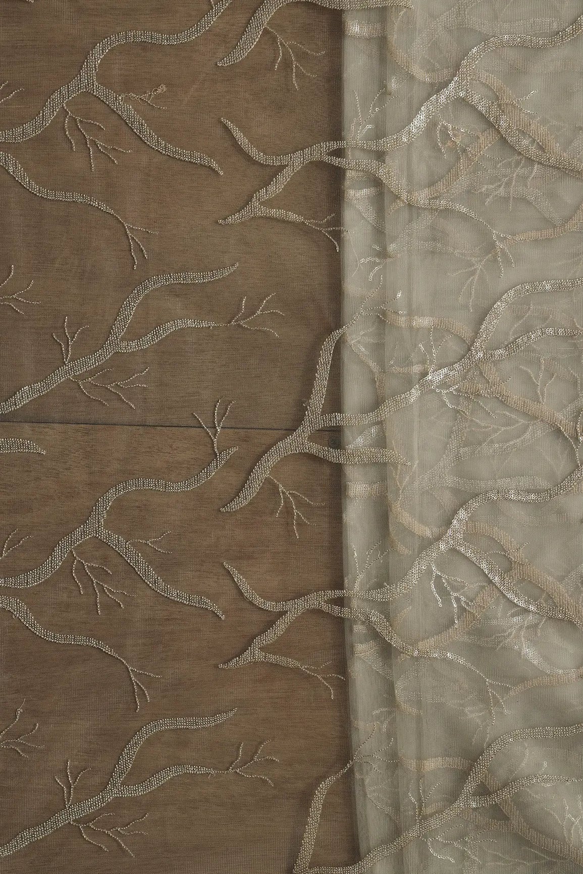 Olive Thread With Water Sequins Abstract Embroidery Work On Olive Soft Net Fabric - doeraa