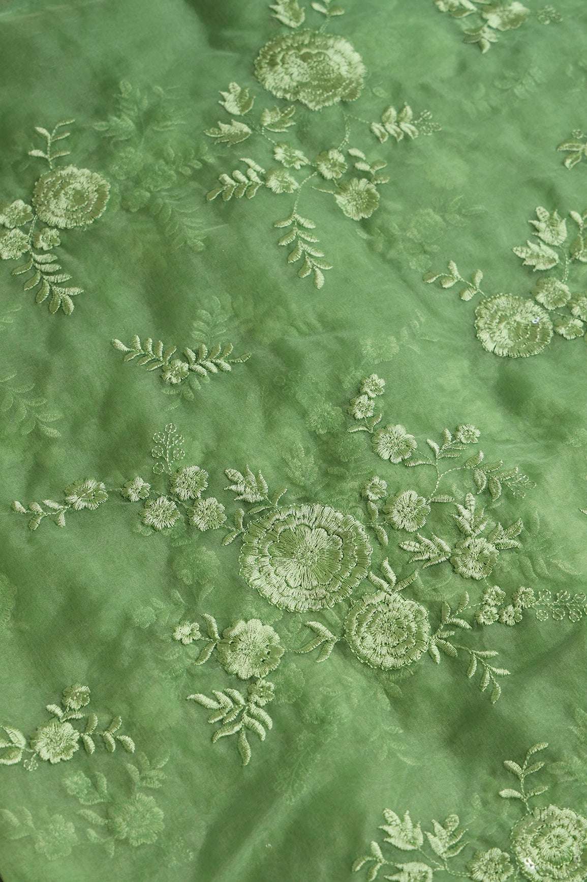 Olive Thread With Water Sequins Floral Embroidery Work On Olive Organza Fabric - doeraa