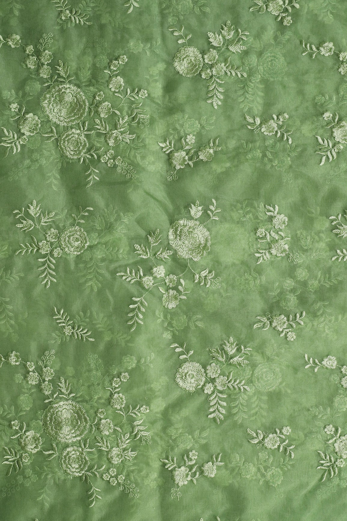 Olive Thread With Water Sequins Floral Embroidery Work On Olive Organza Fabric - doeraa