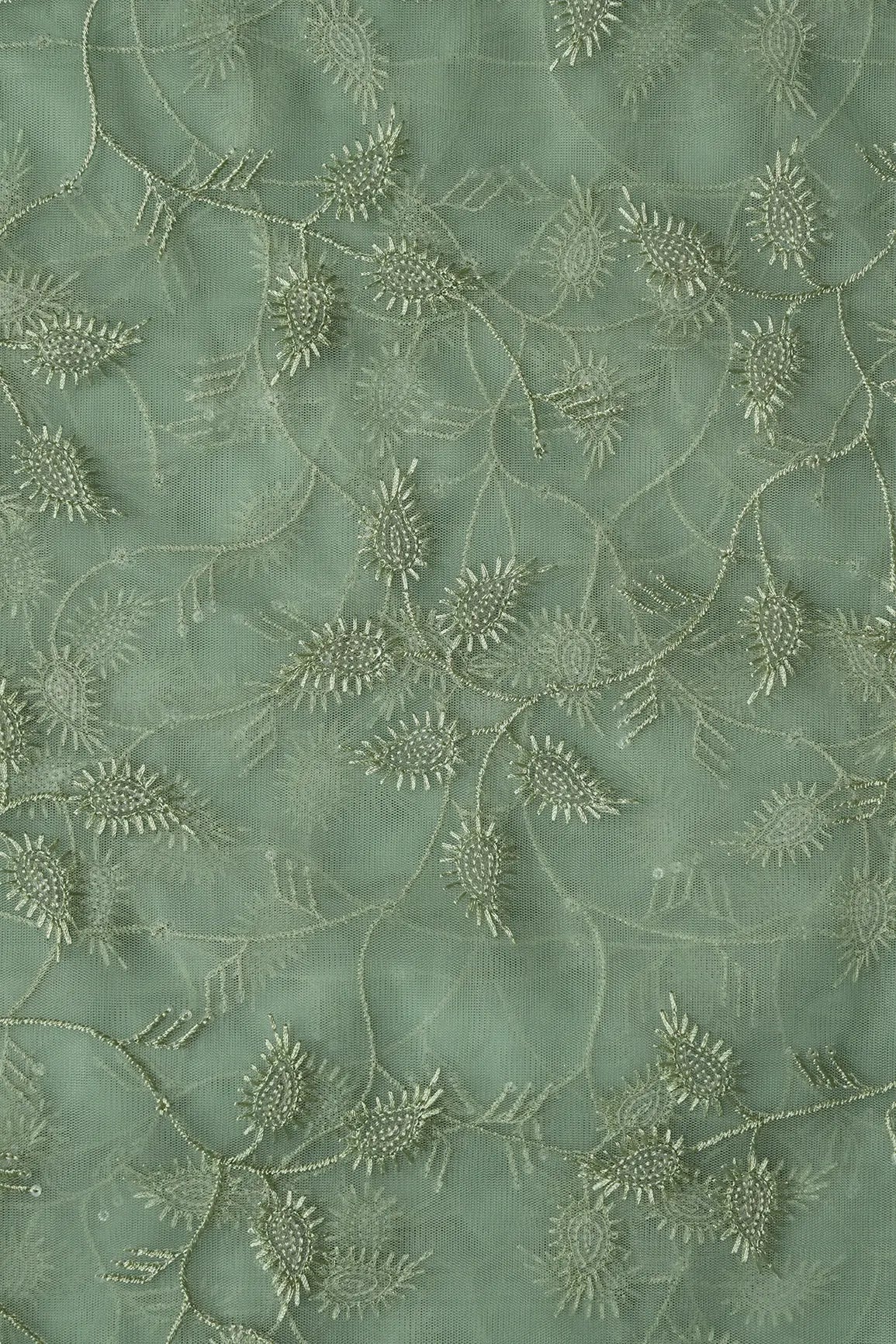 Olive Thread With Water Sequins Leafy Embroidery On Olive Soft Net Fabric - doeraa