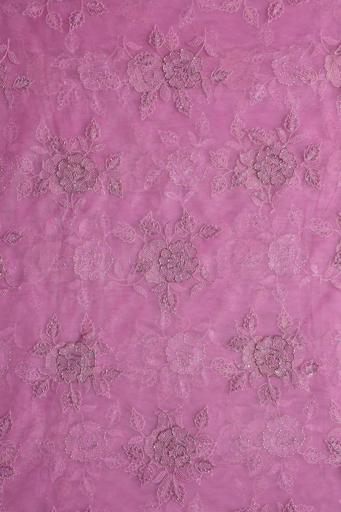 Onion Pink Thread & Beads With Water Sequins Floral Embroidery Work On Onion Pink Soft Net Fabric - doeraa