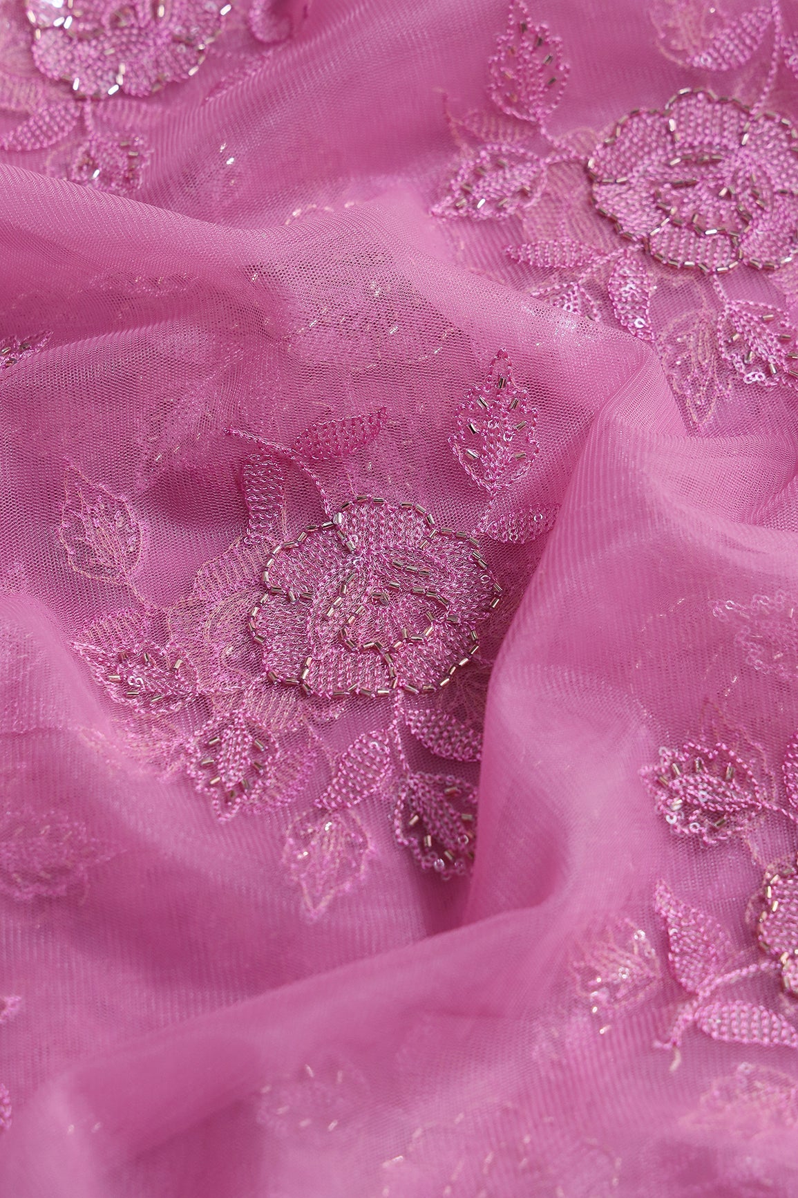 Onion Pink Thread & Beads With Water Sequins Floral Embroidery Work On Onion Pink Soft Net Fabric - doeraa