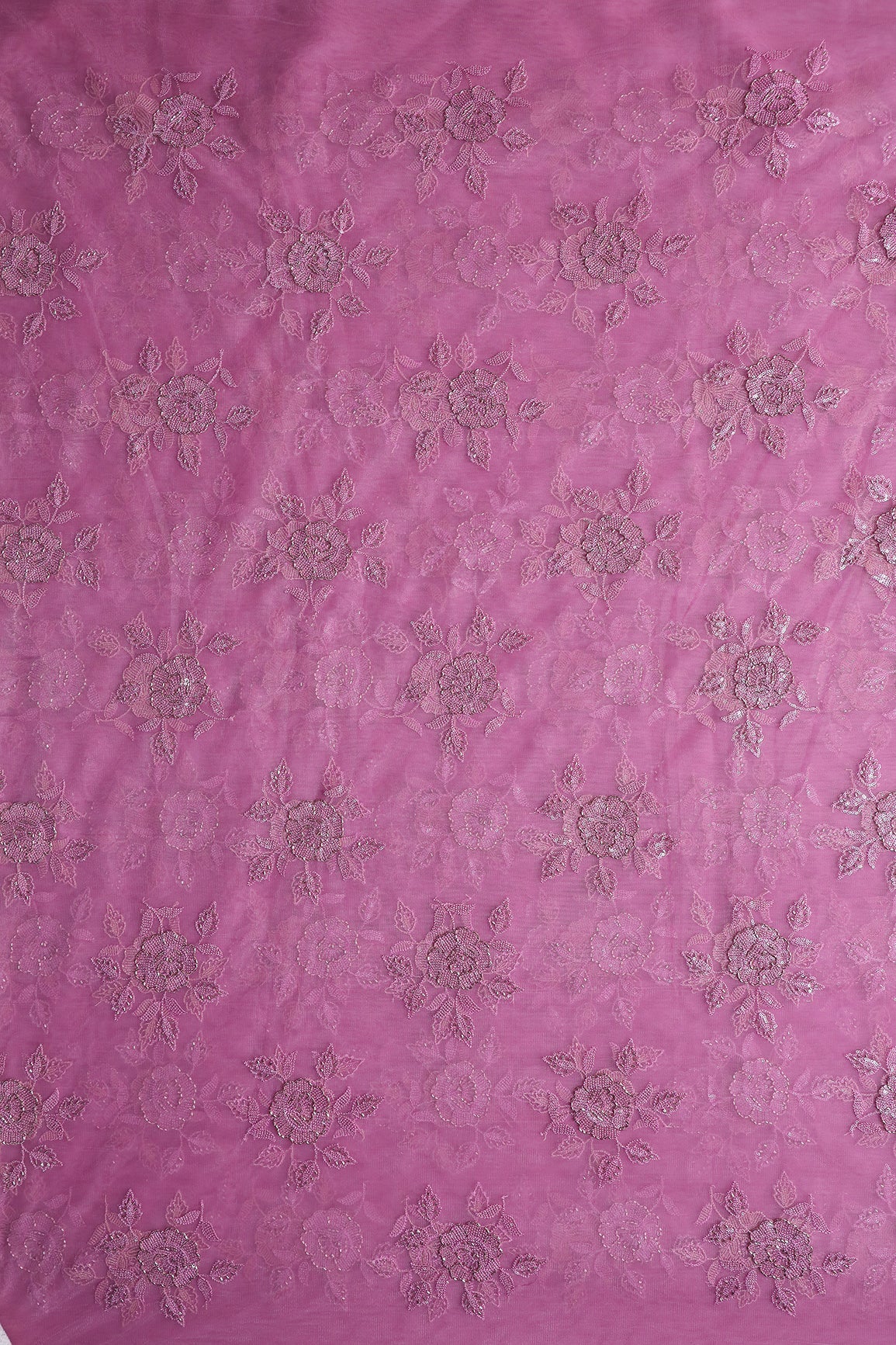 Onion Pink Thread & Beads With Water Sequins Floral Embroidery Work On Onion Pink Soft Net Fabric - doeraa