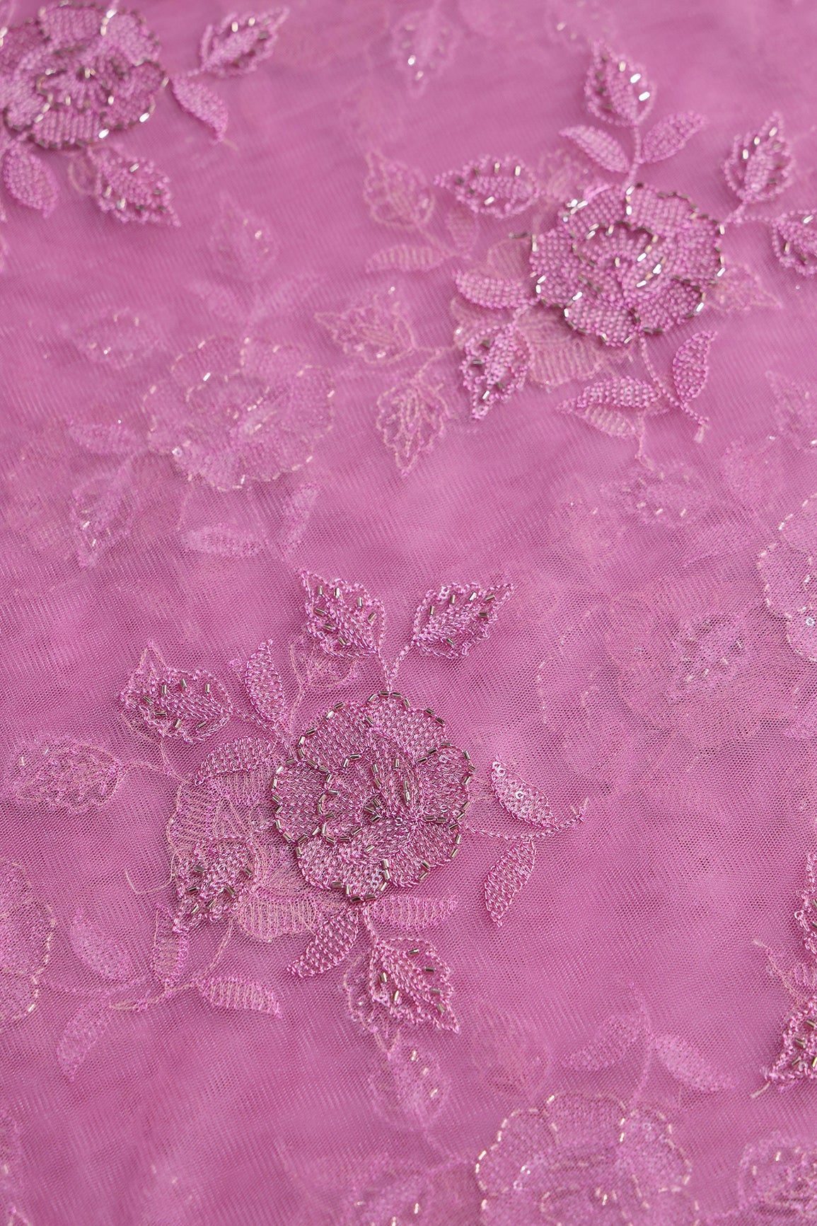 Onion Pink Thread & Beads With Water Sequins Floral Embroidery Work On Onion Pink Soft Net Fabric - doeraa