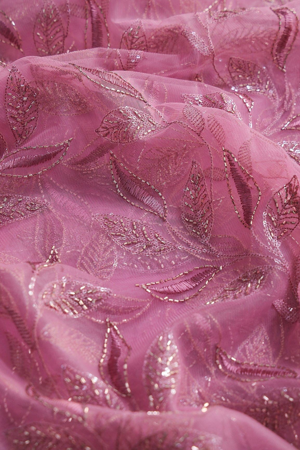 Onion Pink Thread & Beads With Water Sequins Leafy Embroidery Work On Onion Pink Soft Net Fabric - doeraa