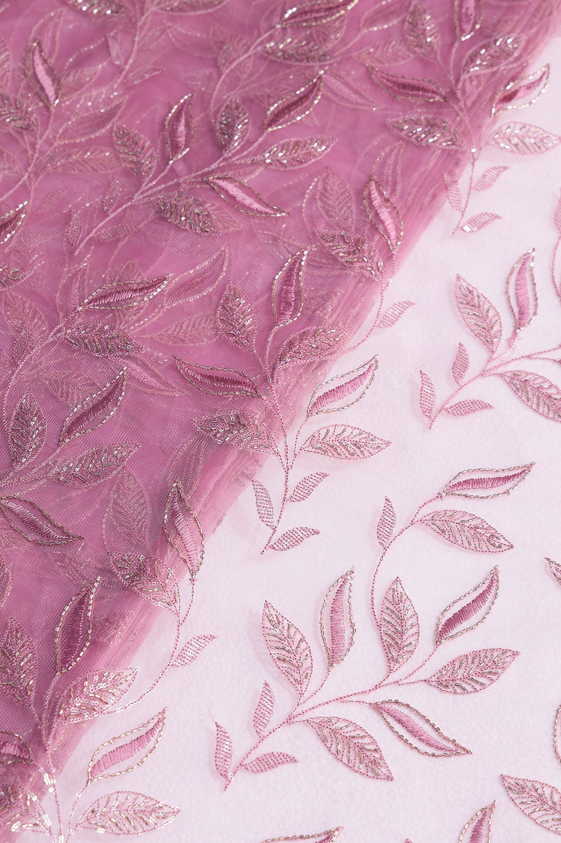 Onion Pink Thread & Beads With Water Sequins Leafy Embroidery Work On Onion Pink Soft Net Fabric - doeraa
