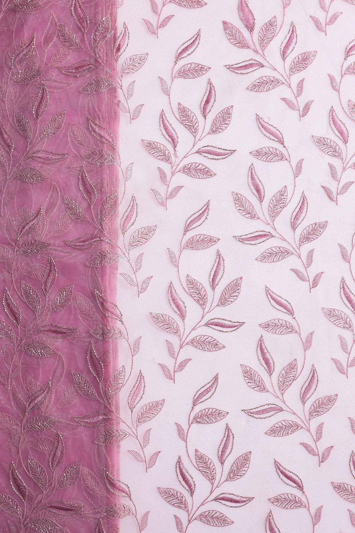 Onion Pink Thread & Beads With Water Sequins Leafy Embroidery Work On Onion Pink Soft Net Fabric - doeraa