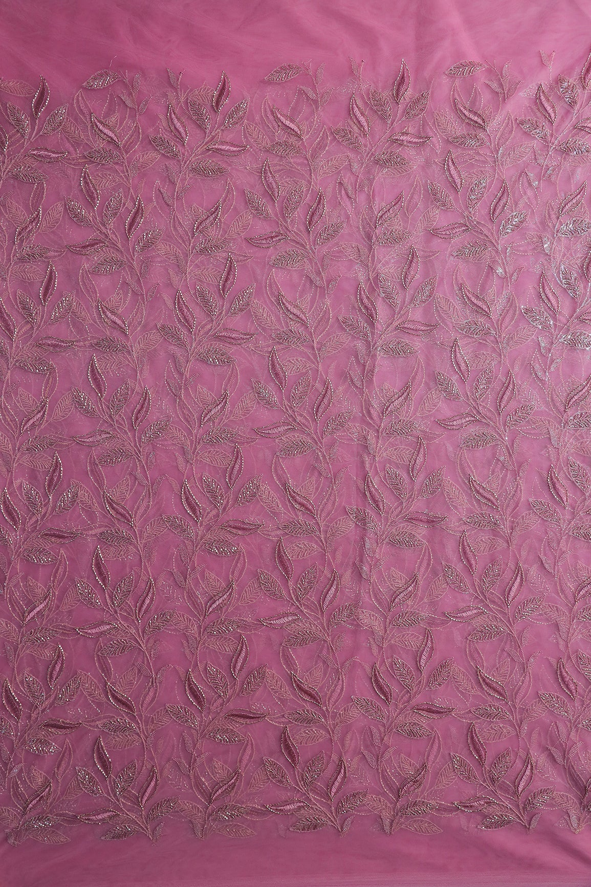 Onion Pink Thread & Beads With Water Sequins Leafy Embroidery Work On Onion Pink Soft Net Fabric - doeraa