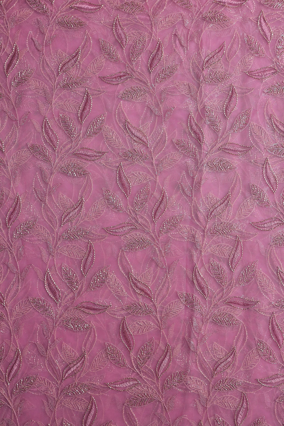 Onion Pink Thread & Beads With Water Sequins Leafy Embroidery Work On Onion Pink Soft Net Fabric - doeraa