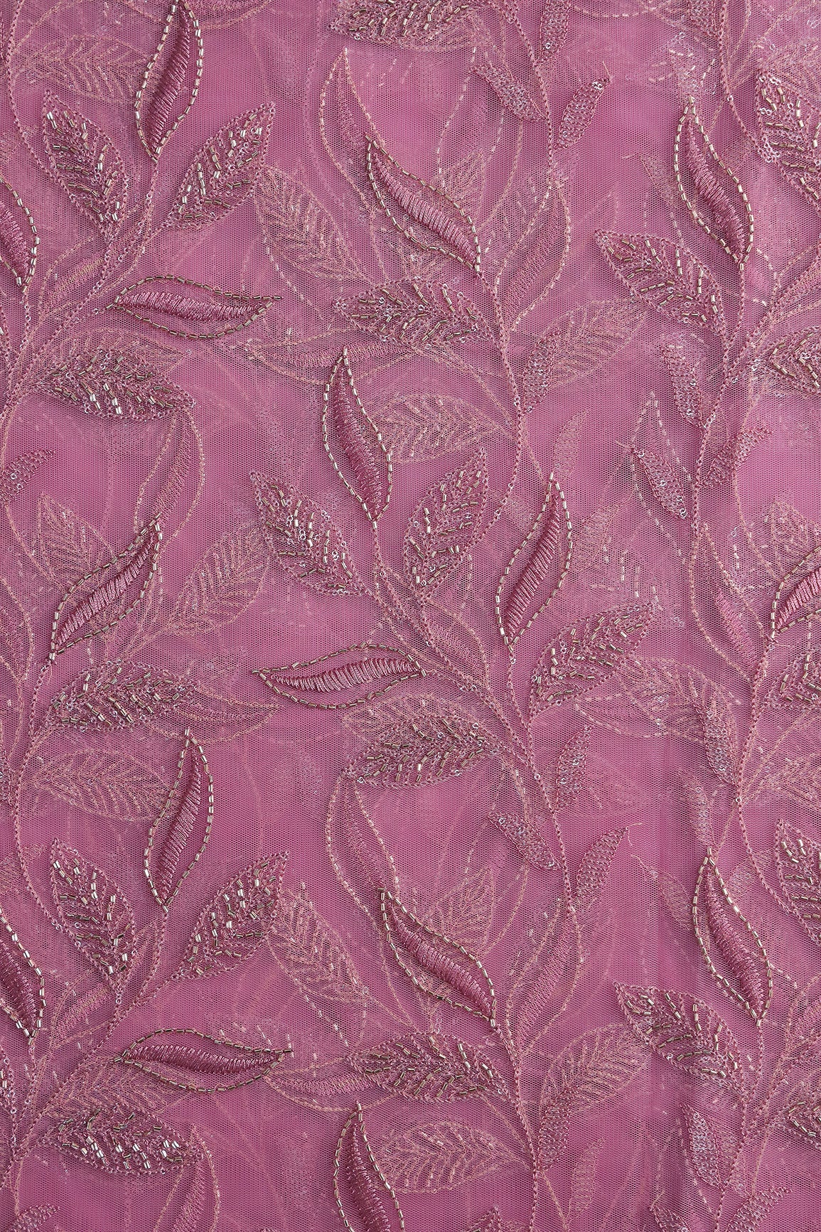 Onion Pink Thread & Beads With Water Sequins Leafy Embroidery Work On Onion Pink Soft Net Fabric - doeraa