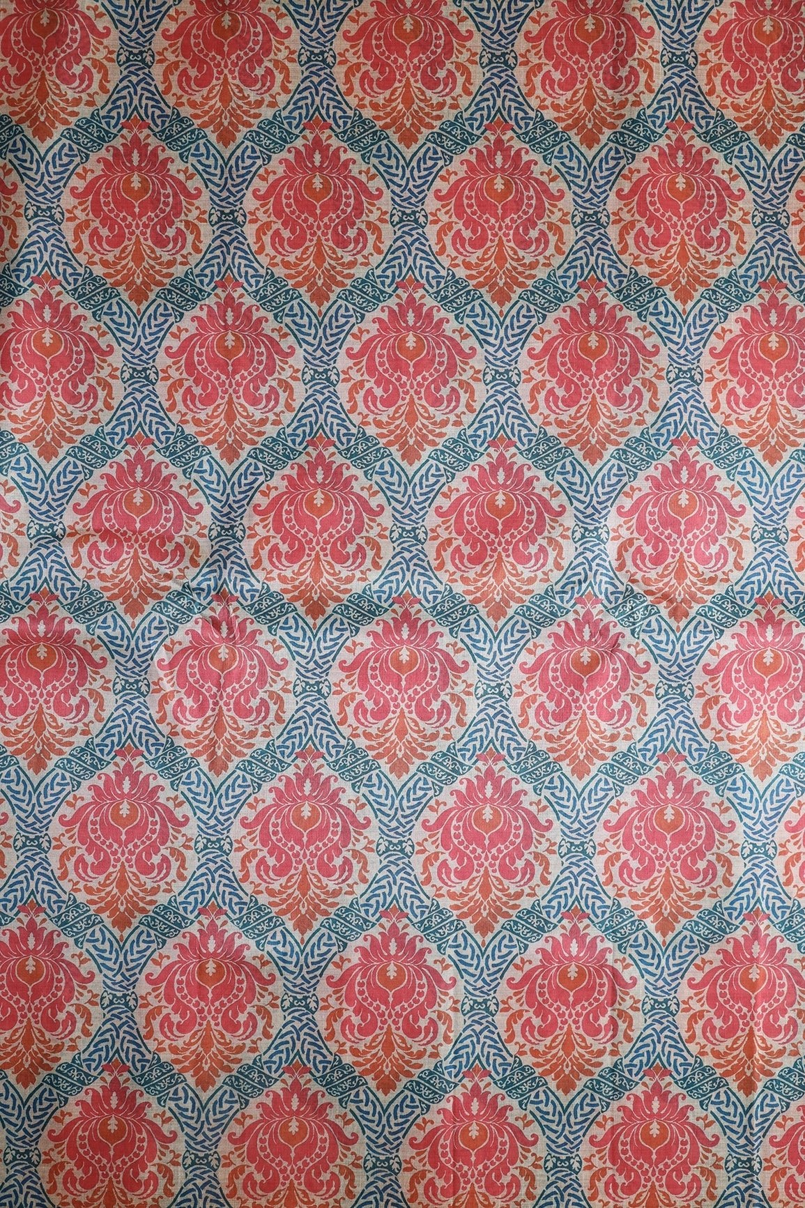 Orange And Blue Ogee Pattern Digital Print On Mulberry Silk Fabric - doeraa