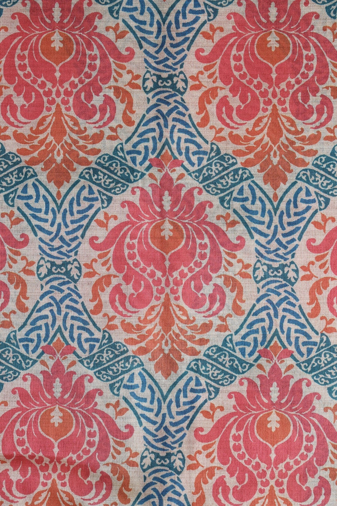 Orange And Blue Ogee Pattern Digital Print On Mulberry Silk Fabric - doeraa