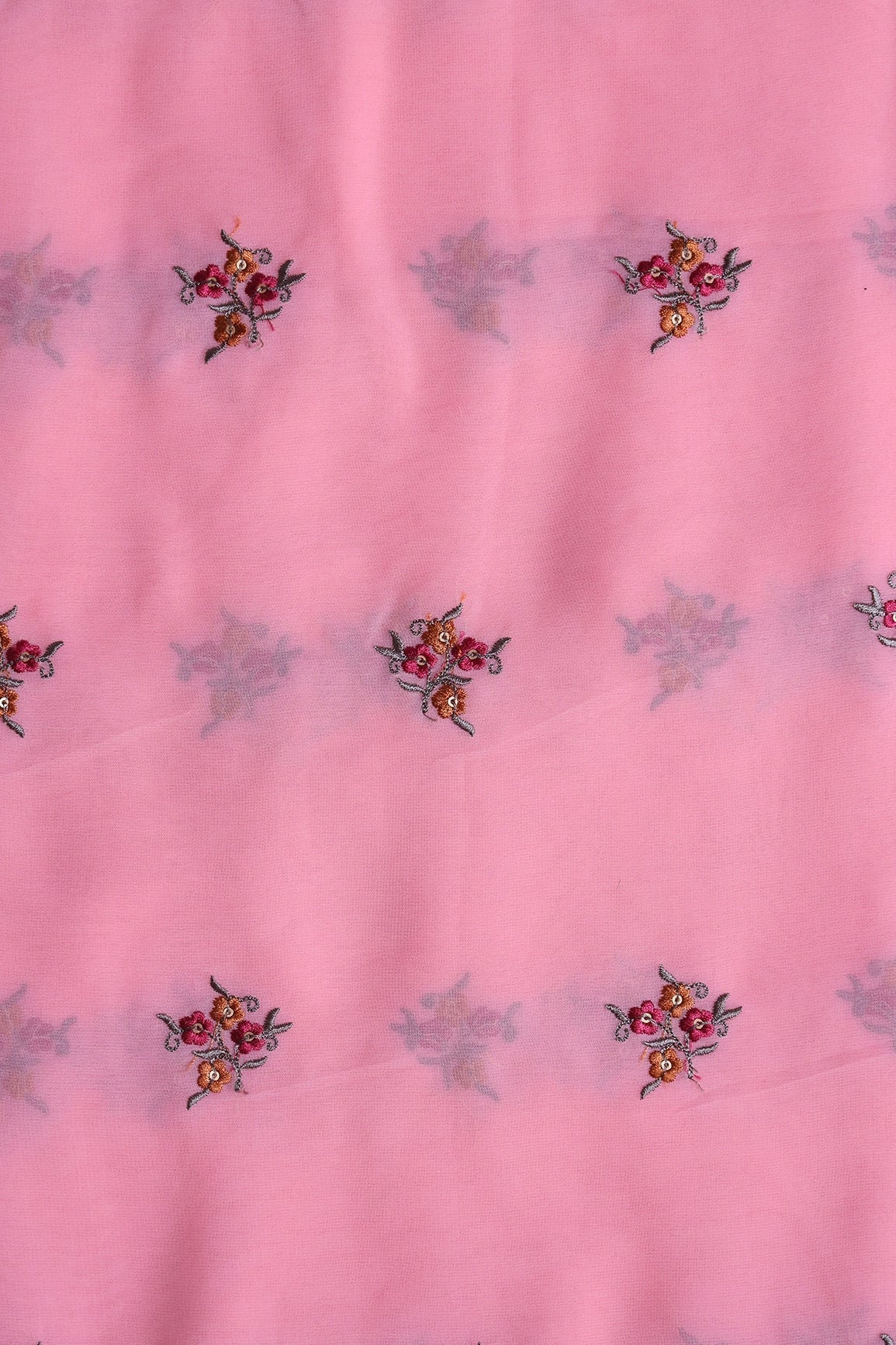 Orange And Dark Pink Thread With Sequins Floral Embroidery Work On Pink Georgette Fabric - doeraa