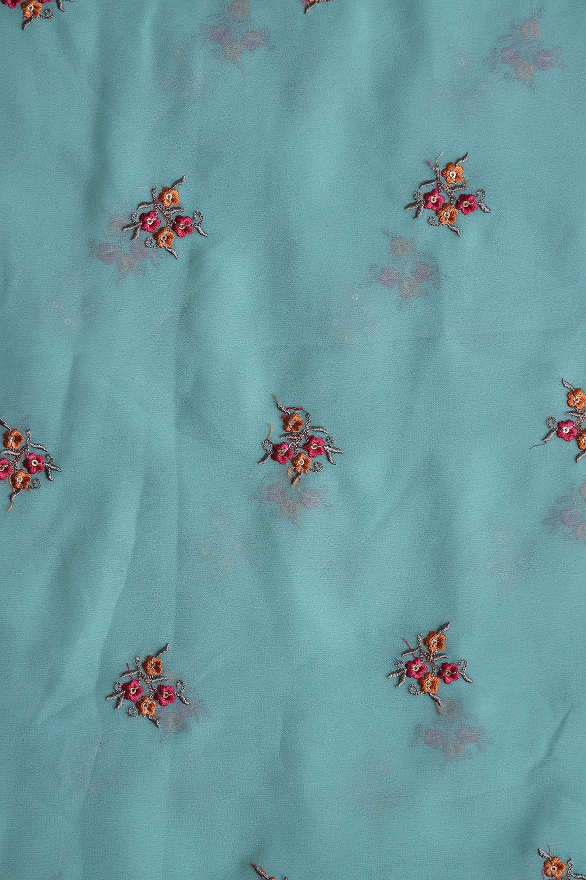 Orange And Dark Pink Thread With Sequins Floral Embroidery Work On Teal Georgette Fabric - doeraa
