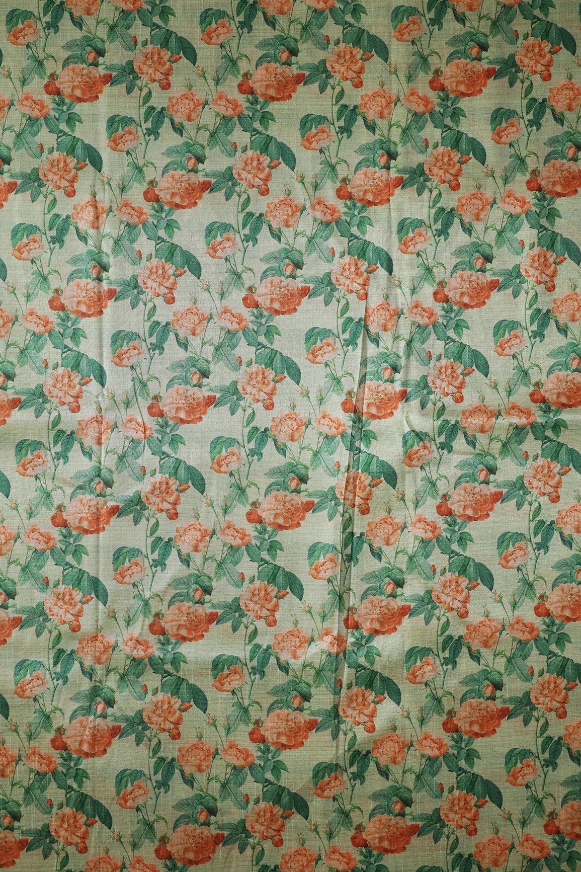 Orange And Green Floral Pattern Digital Print On Mulberry Silk Fabric - doeraa