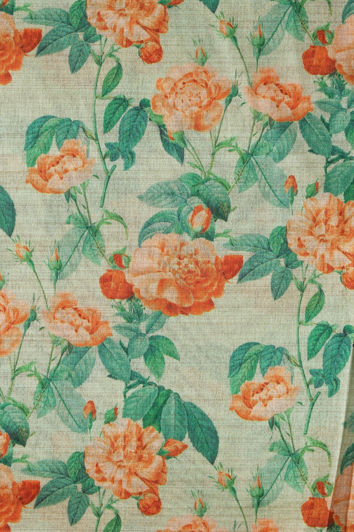 Orange And Green Floral Pattern Digital Print On Mulberry Silk Fabric - doeraa
