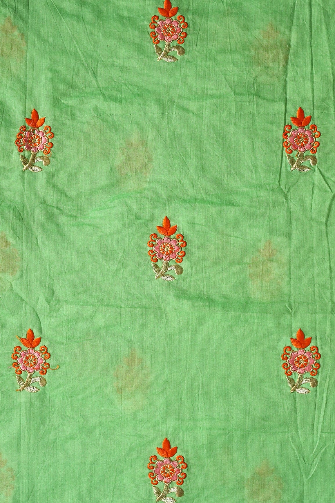 Orange And Pink Thread With Gold Zari Floral Embroidery On Green Chanderi Fabric - doeraa