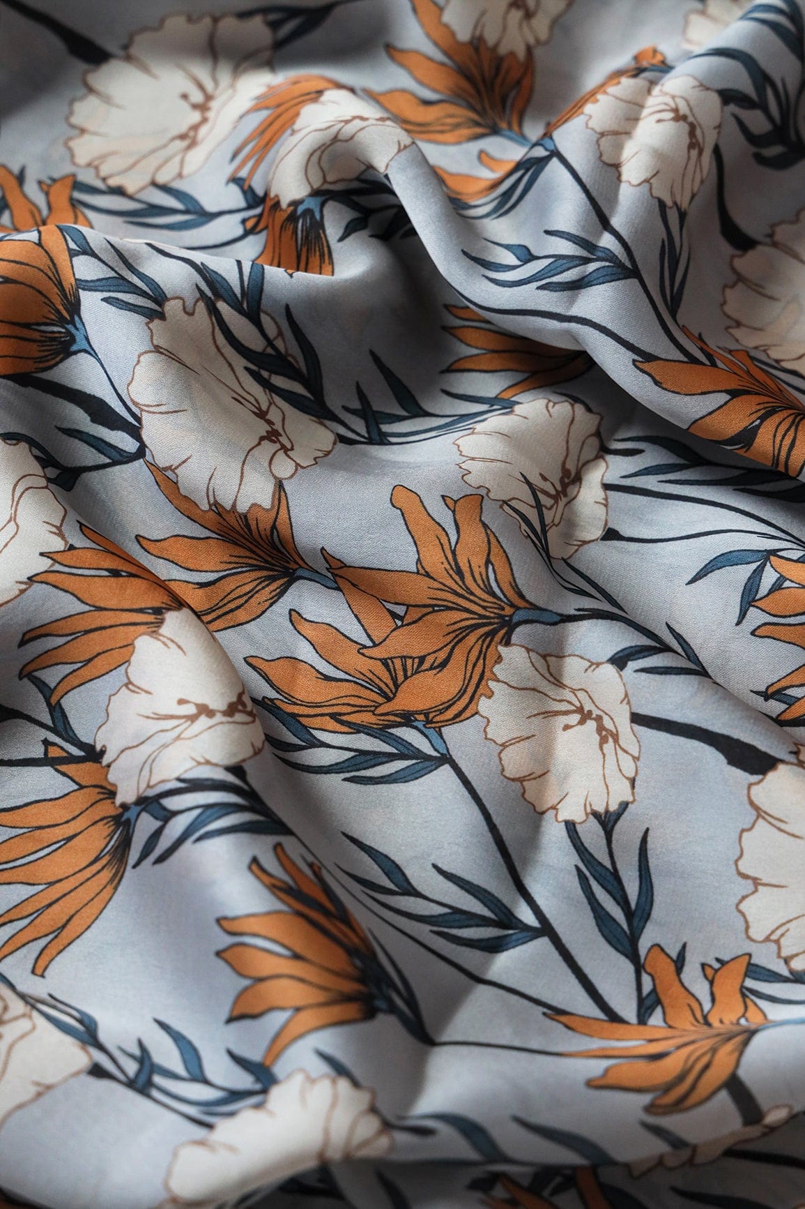 Orange And White Floral Pattern Digital Print On Light Grey Georgette Satin Fabric - doeraa