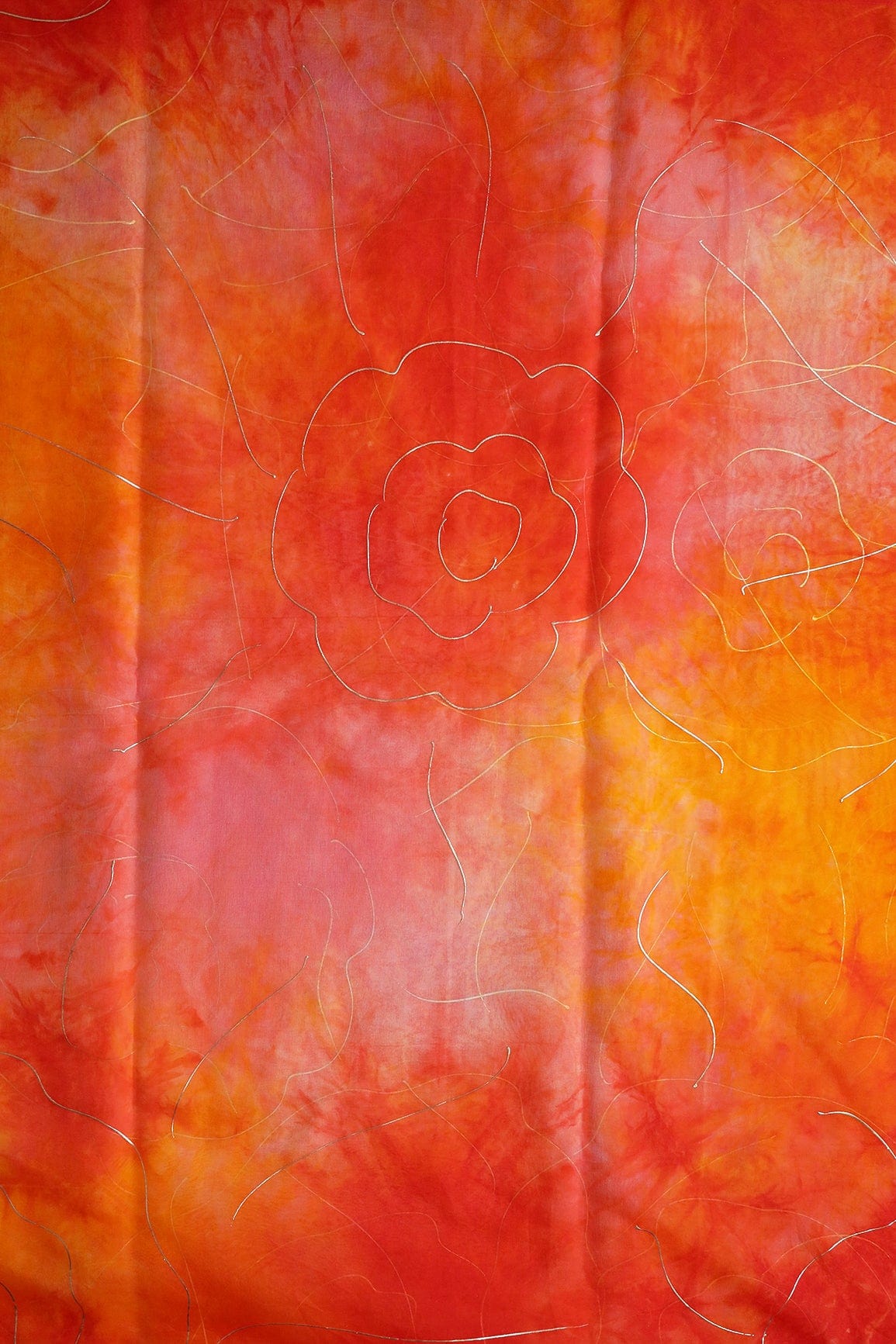 Orange And Yellow Tie & Dye Shibori Foil Print On Organza Fabric - doeraa