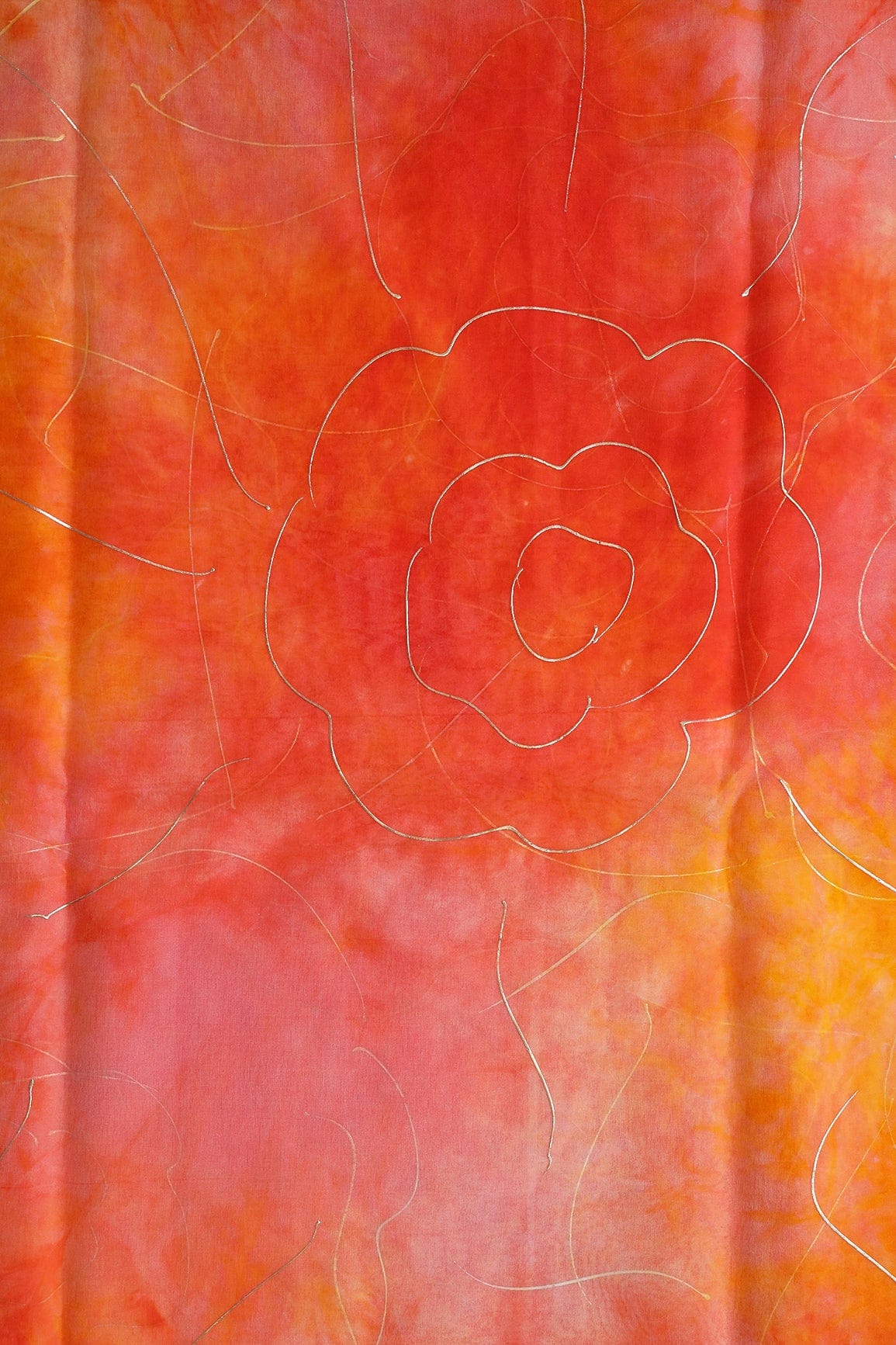 Orange And Yellow Tie & Dye Shibori Foil Print On Organza Fabric - doeraa