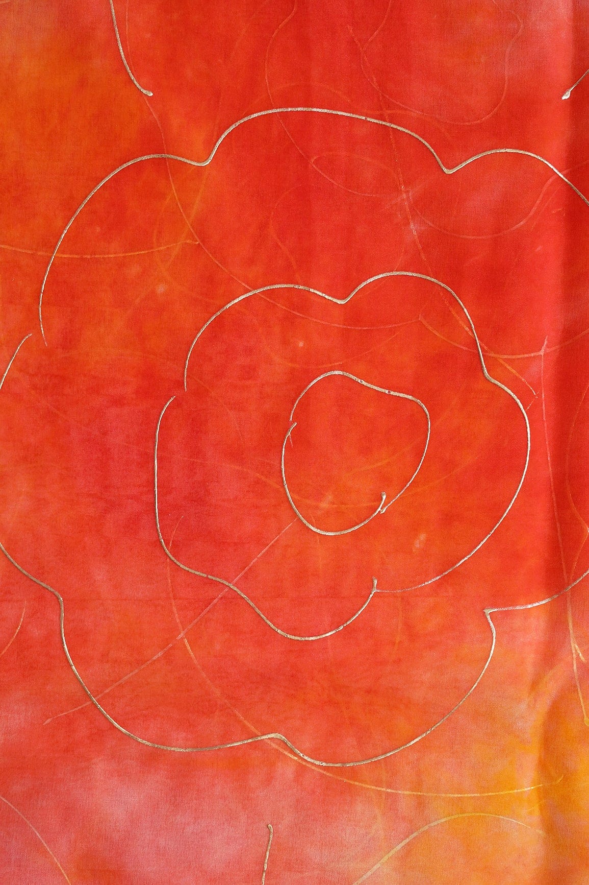 Orange And Yellow Tie & Dye Shibori Foil Print On Organza Fabric - doeraa