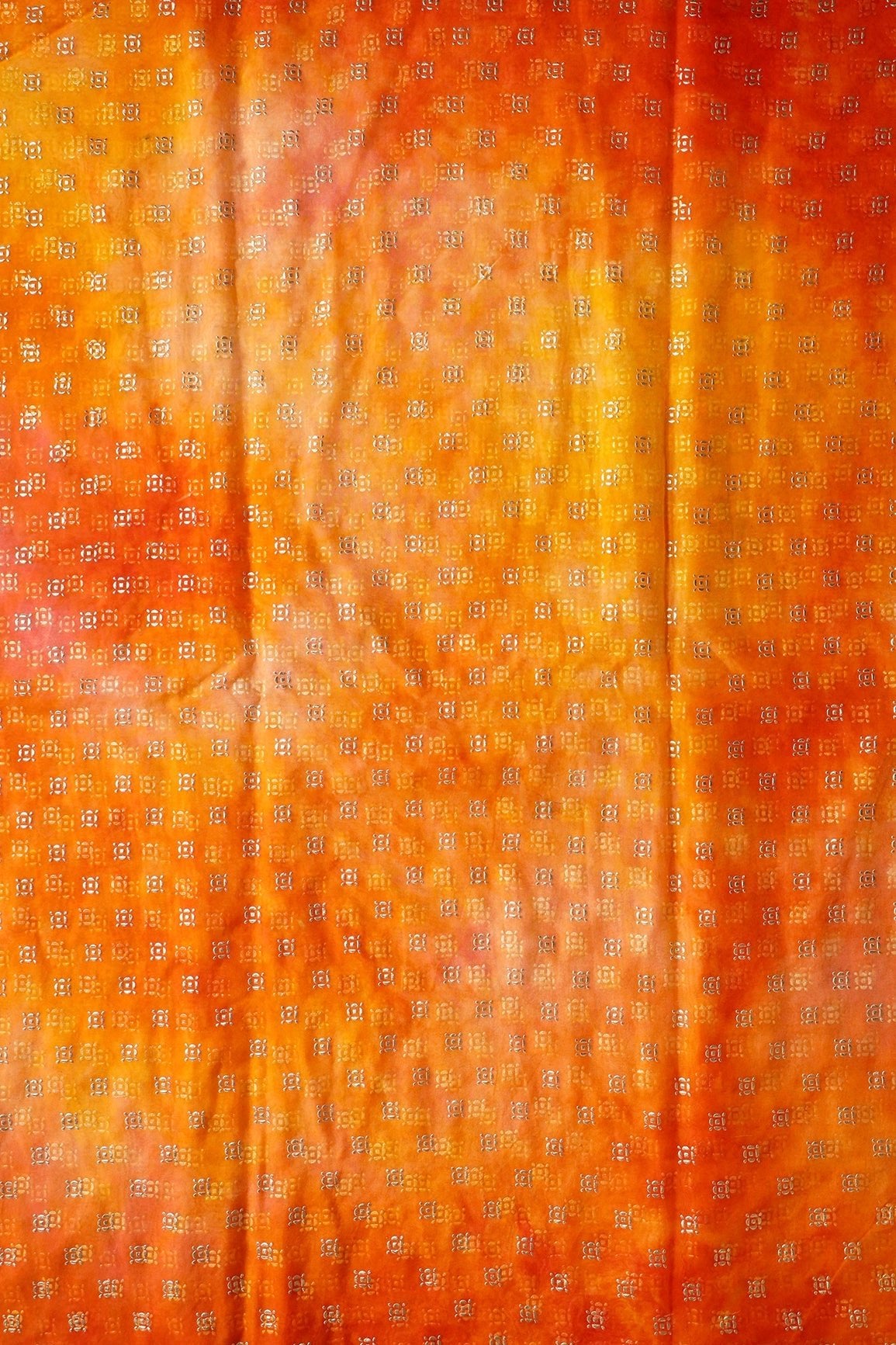 Orange And Yellow Tie & Dye Shibori Small Motif Foil Print On Organza Fabric - doeraa