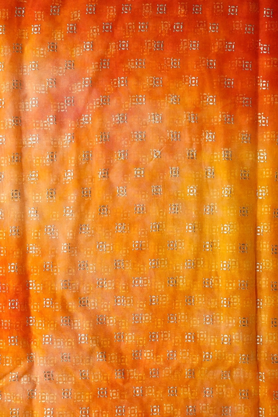 Orange And Yellow Tie & Dye Shibori Small Motif Foil Print On Organza Fabric - doeraa