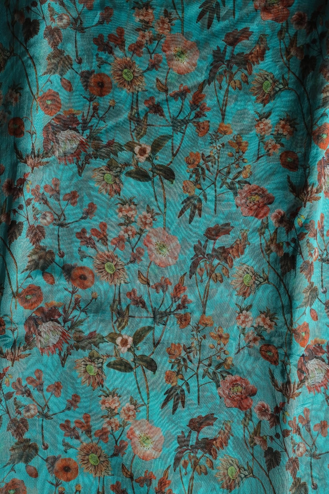 Orange Floral Pattern Digital Print On Rama Organza Fabric - doeraa