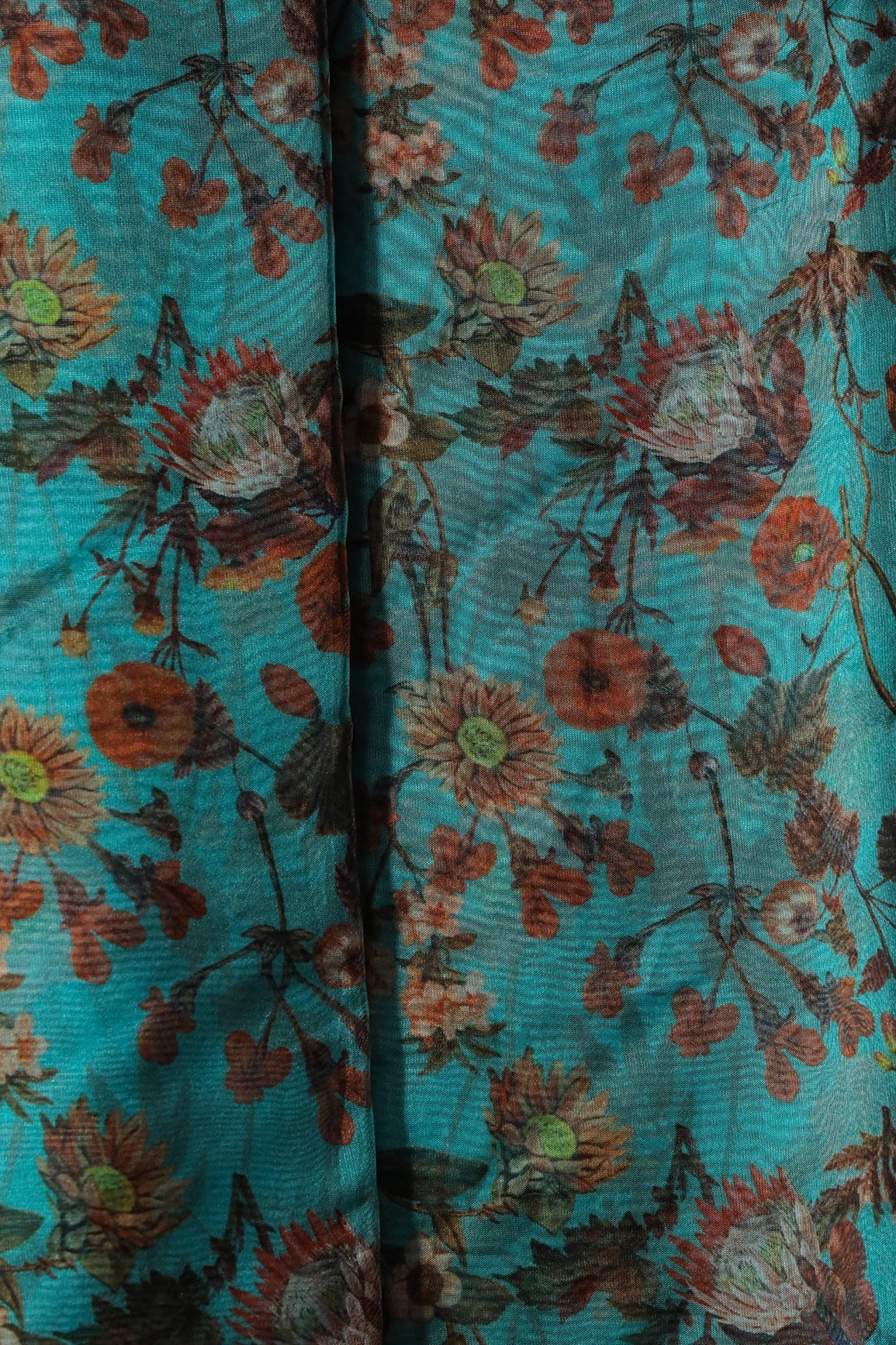 Orange Floral Pattern Digital Print On Rama Organza Fabric - doeraa