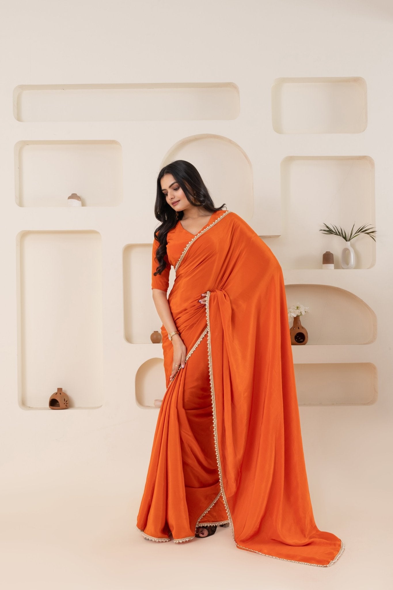 Orange Pure Viscose Crepe Saree Set With Border (Saree With Blouse Piece) - doeraa