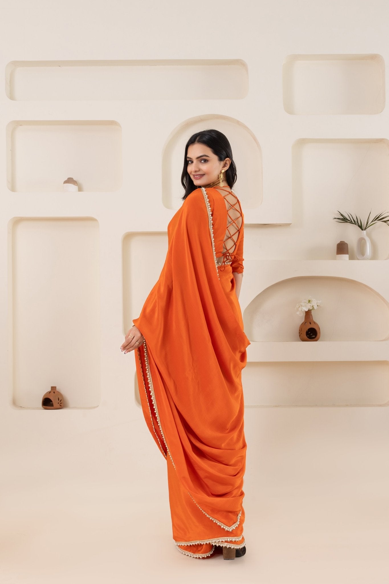 Orange Pure Viscose Crepe Saree Set With Border (Saree With Blouse Piece) - doeraa
