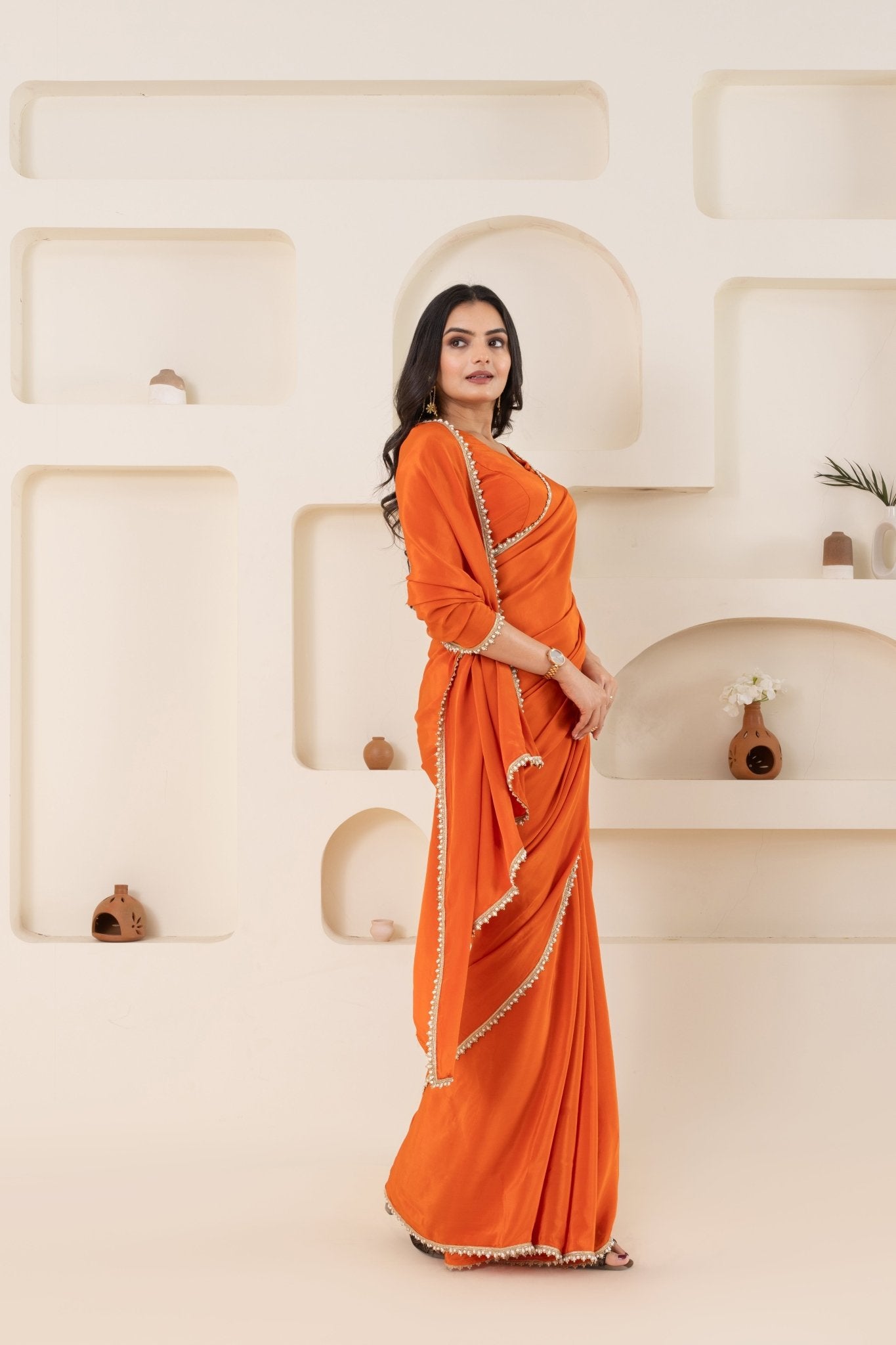 Orange Pure Viscose Crepe Saree Set With Border (Saree With Blouse Piece) - doeraa