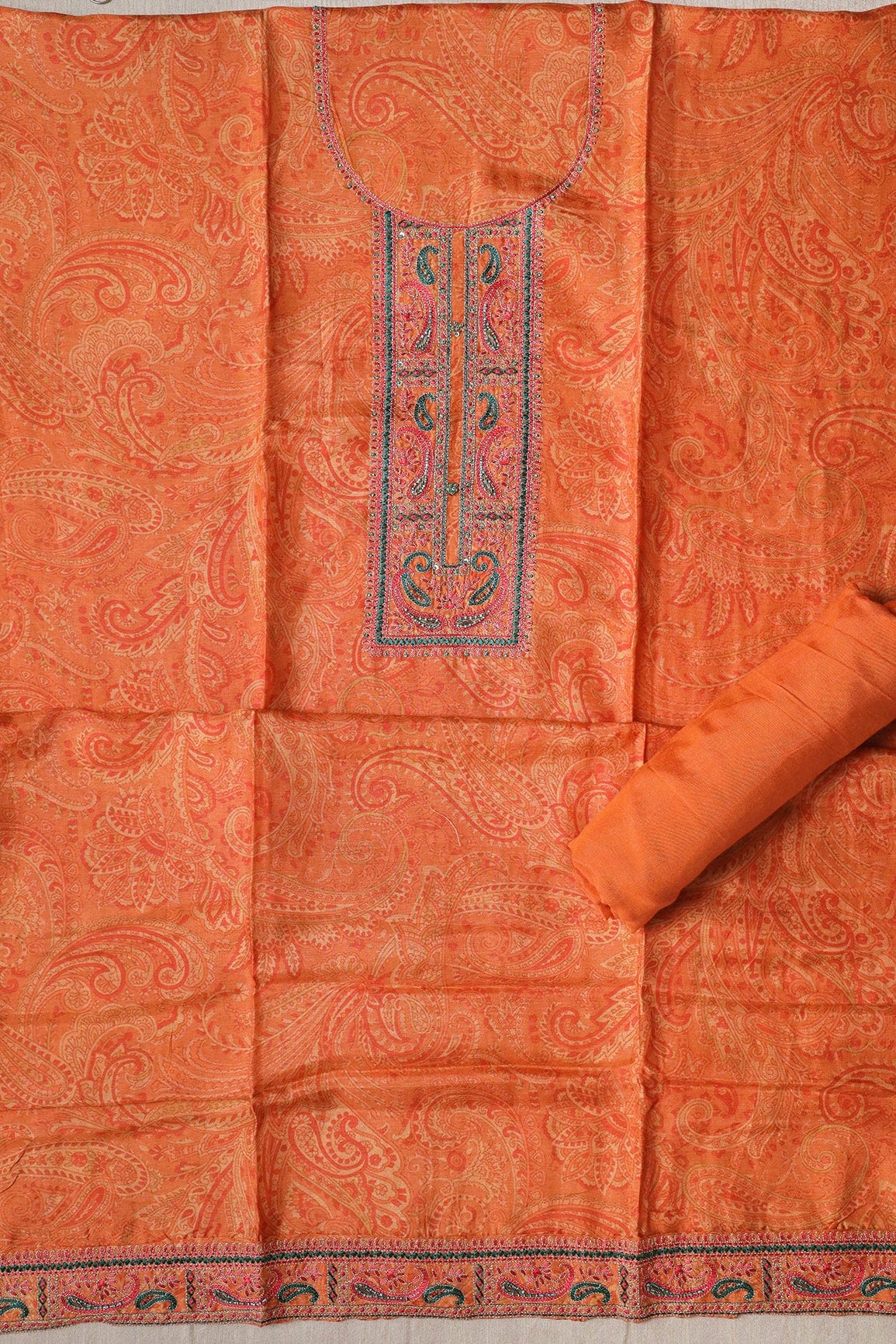 Orange Semi Stitched Pure Dola Silk Suit Set (3 piece) - doeraa