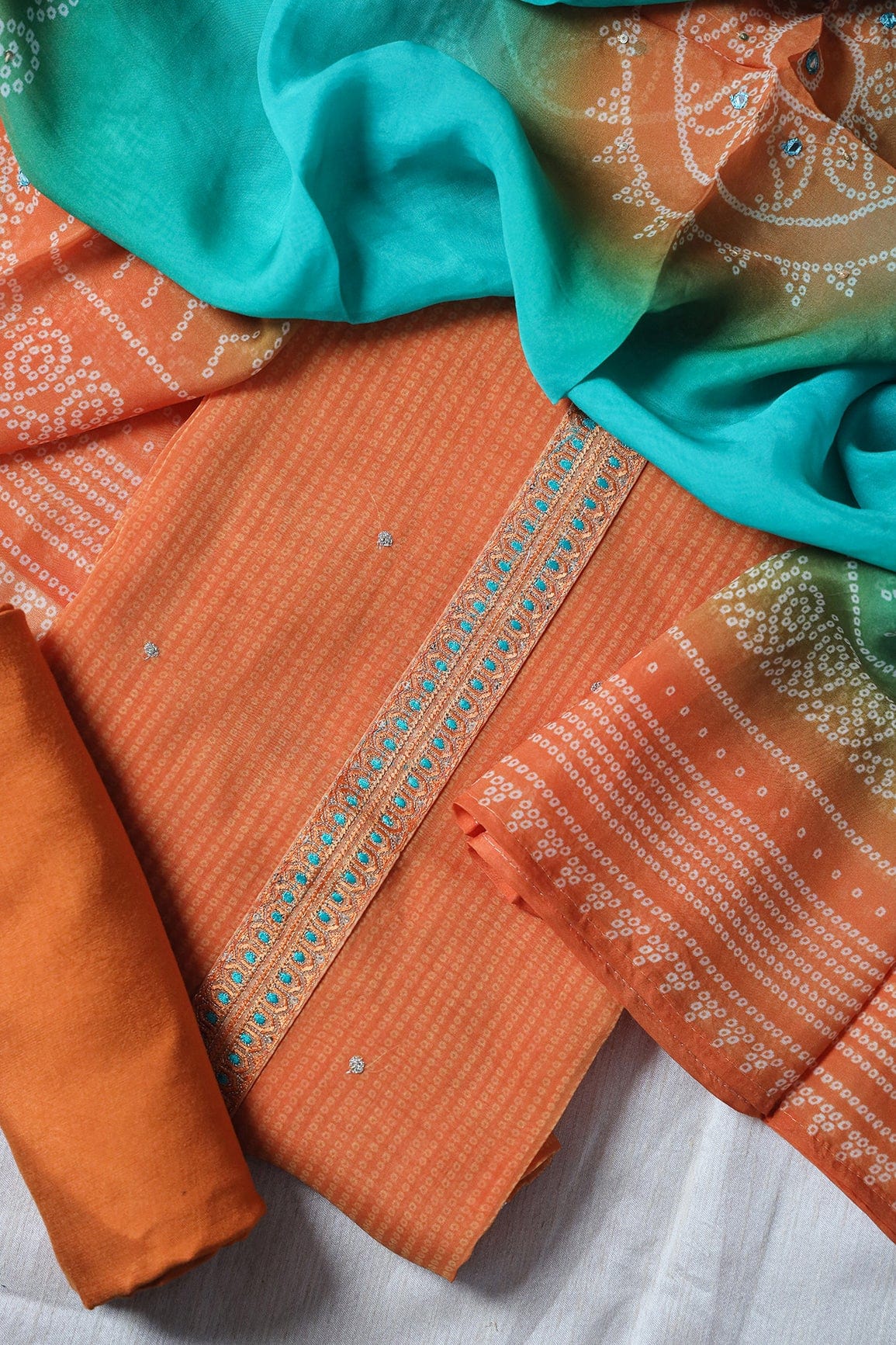 Orange Semi Stitched Pure Organza Suit Set (3 piece) - doeraa